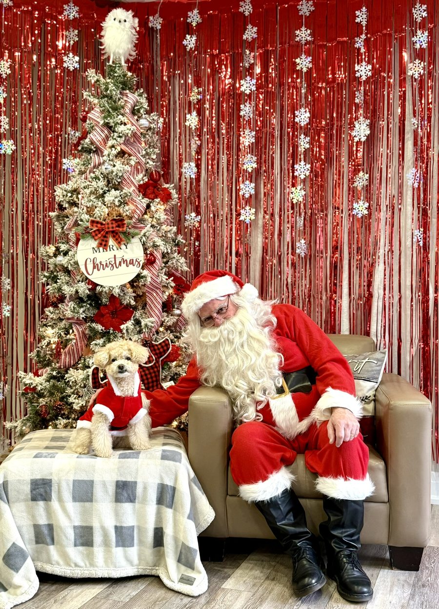 A pet posing with Santa at Mac Animal Clinic